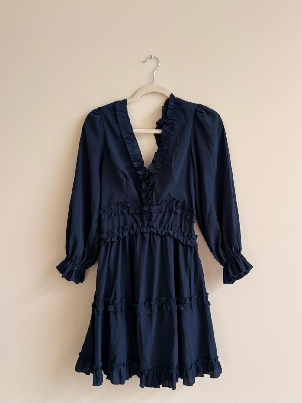 Amazon Navy Ruffle V-Neck Long Sleeve Dress